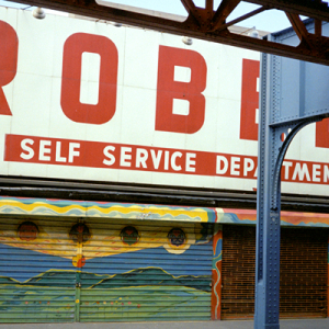 Уильям Брумфилд. Универмаг самообслуживания Робелла (надземные пути Оранжевой ветки рядом с Дадли-сквер, Роксбери. Пути снесены в 1987 году). Июль 1977 года.
