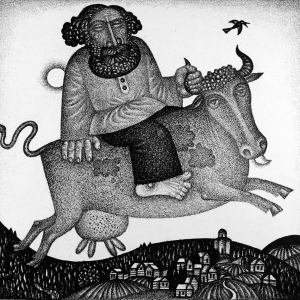 В.А.Мишин. Мужик на корове. 1967. 31,5х32,5. Собственность автора