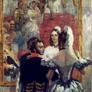Н.П.Ульянов (1875-1979). Пушкин с женой на придворном балу перед зеркалом. 1937. Музей А. С. Пушкина, Санкт-Петербург